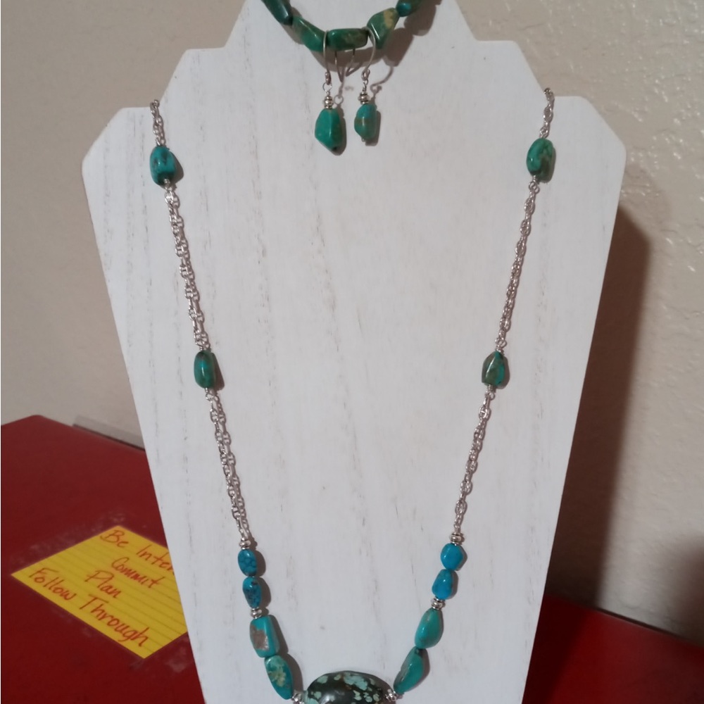 Turquoise & Silver Beaded Trio Handmade 3 Pcs Necklace Bracelet Earrings Set